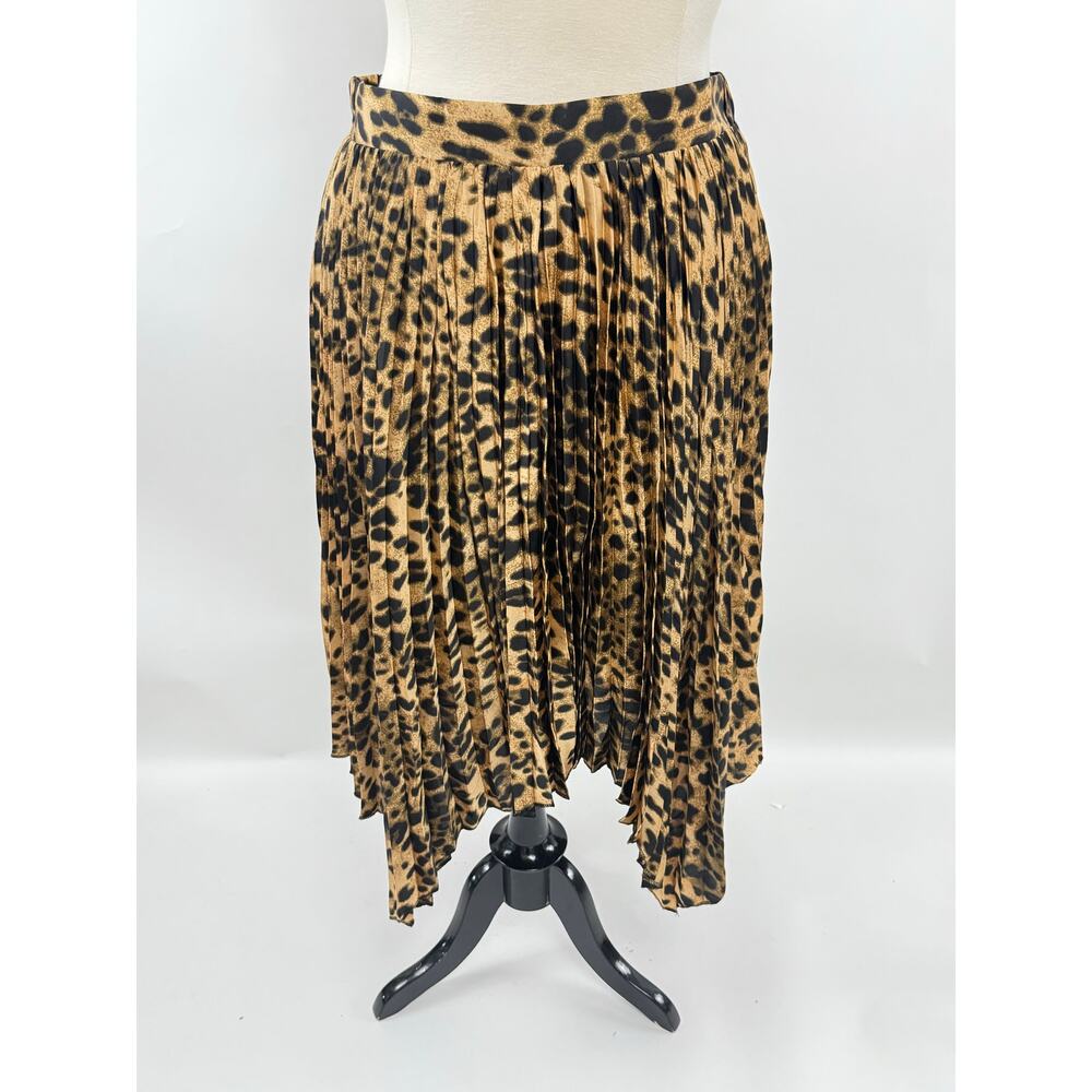 Dark Leopard Satin Pleated Skirt with High Low Hem, Size 1X